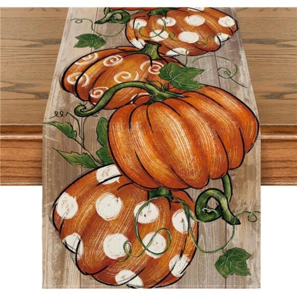 Fall Table Runner Polka Dot Pumpkins Thanksgiving Autumn Kitchen Dining Decor - Picture 1 of 7